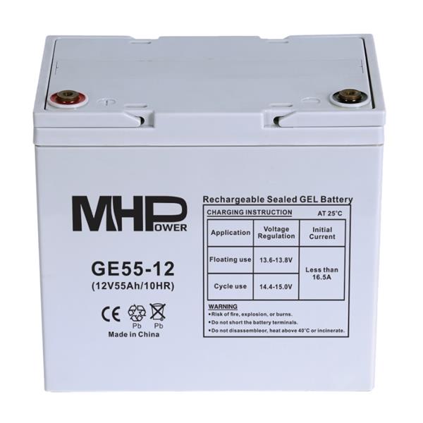 MHPower • GE55-12 • Gelový akumulátor 12V/55Ah, Terminál T1 - M6, Deep Cycle