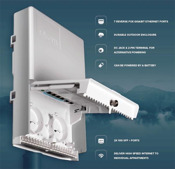 MIKROTIK • CSS610-1Gi-7R-2S+OUT • Venkovní reverse PoE switch netPower Lite 7R