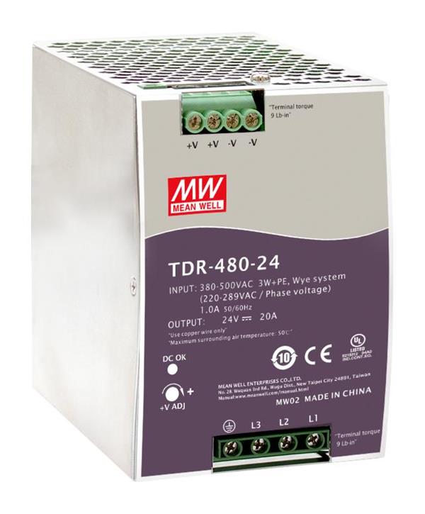 MEANWELL • TDR-480-24 • Průmyslový napájecí spínaný zdroj 24V 480W na DIN (třífázový)